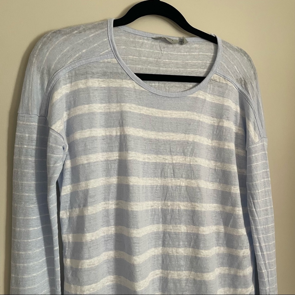 Athleta Blue & White Newport Striped Top 100% Linen Long-Sleeve Women’s Medium - Picture 5 of 8